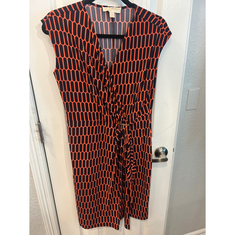 Michael‎ Kors Faux Wrap Dress Orange Navy Geometric Sleeveless V-Neck Sheath M